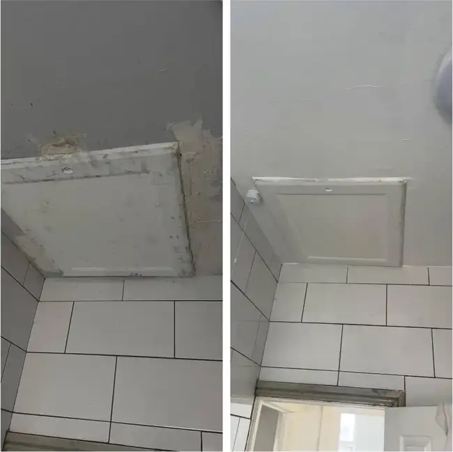 Bathroom loft hatch plaster blend and ceiling repaint Wirral