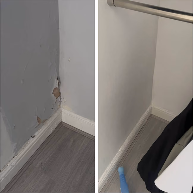 Flaking wall plaster repair and corner skim finish Wirral