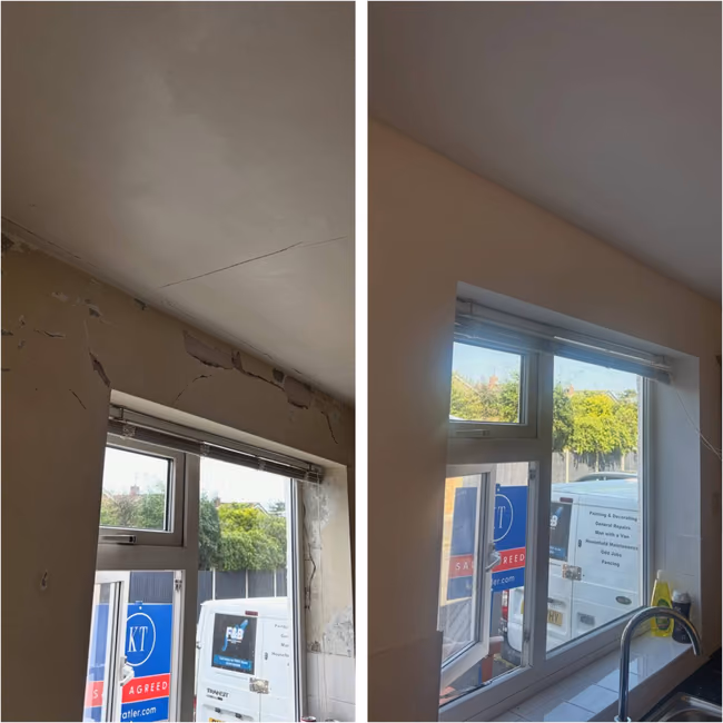 Kitchen window reveal plaster crack repair and repaint Wirral