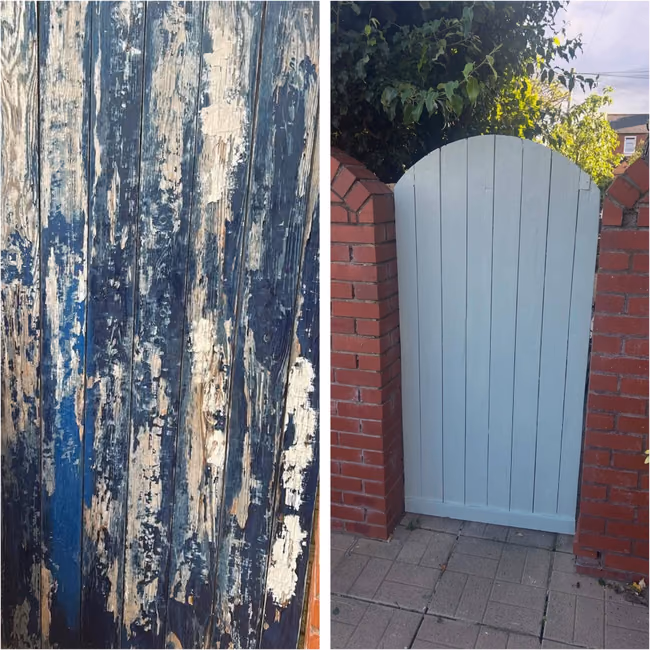 Weathered timber garden gate sanding and repainting Wirral