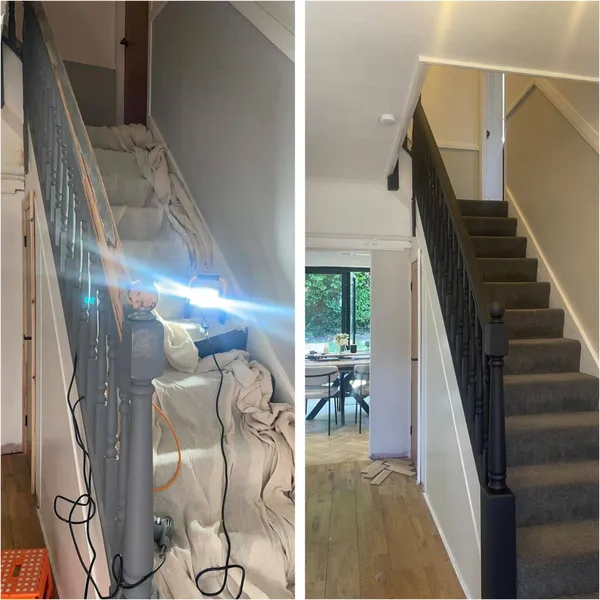 Before and after transformation of an interior staircase and hallway
