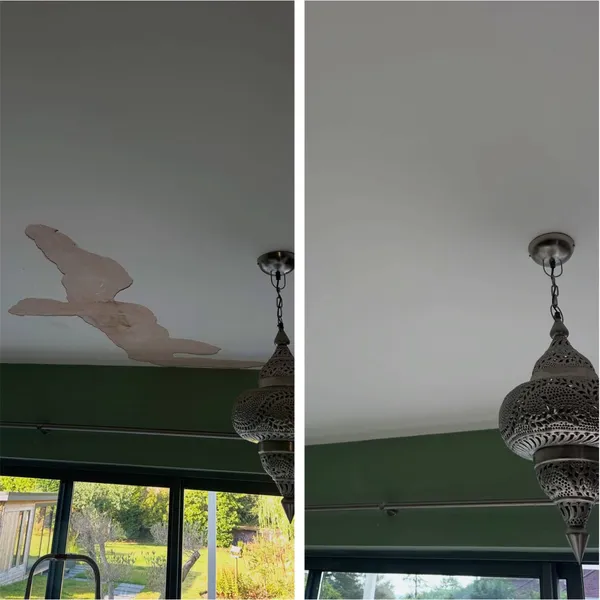 Before and after ceiling gouge repair and plaster patching